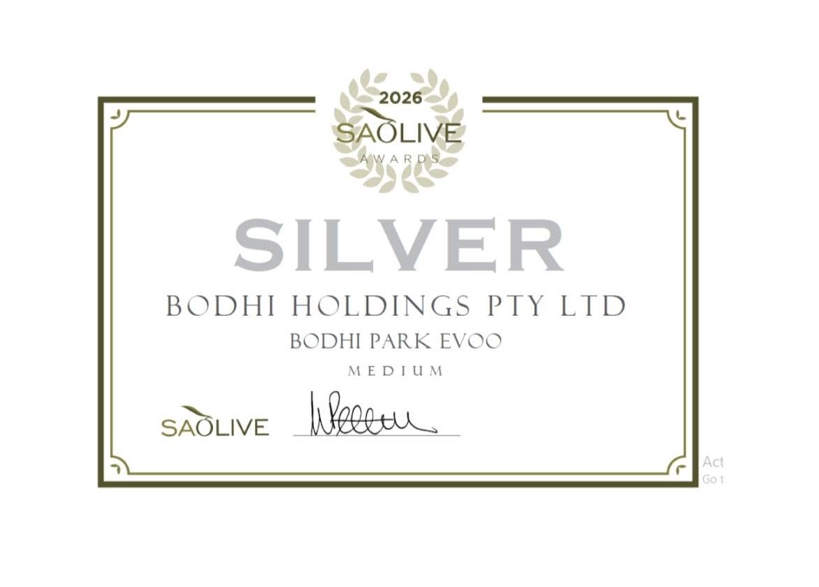 SA Olive Awards 2026 Silver Medal Certificate presented to Bodhi Holdings Pty Ltd